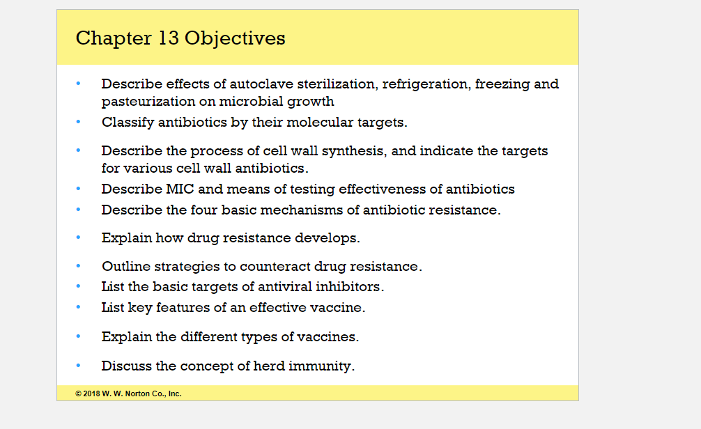 Chapter 13 Objectives
Describe effects of autoclave sterilization, refrigeration, freezing and
pasteurization on microbial growth
Classify antibiotics by their molecular targets.
Describe the process of cell wall synthesis, and indicate the targets
for various cell wall antibiotics.
Describe MIC and means of testing effectiveness of antibiotics
Describe the four basic mechanisms of antibiotic resistance.
Explain how drug resistance develops.
Outline strategies to counteract drug resistance.
List the basic targets of antiviral inhibitors.
List key features of an effective vaccine.
Explain the different types of vaccines.
Discuss the concept of herd immunity.
© 2018 W. W. Norton Co., Inc.