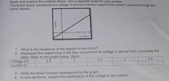 Study and analyze the problem below. Use a separate sheet for your answer.
The graph below represents the voltage V across a resistor against the current I passing through the
same resistor.
os 1 15 2 25 3 3,5
VOLTAGE V
1. What is the resistance of the resistor in the circuit?
2. Represent the relationship of the flow of current to its voltage in tabular form. Complete the
table. Refer to the graph below. (5pts)
Voltage (V)
Current (I)
1.5
2.5
0.5
1
3. Write the linear function represented by the graph.
4. In one sentence, explain the relationship of the voltage to the current.
