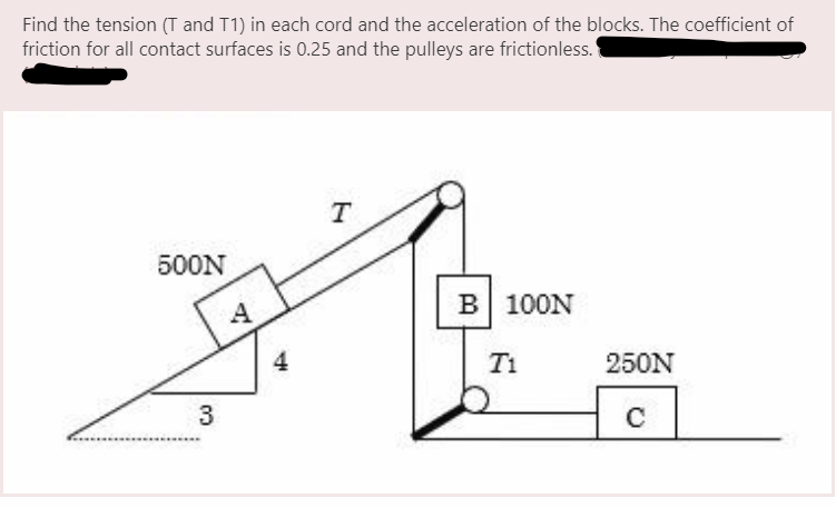 Find the tension (T and T1) in each cord and the acceleration of the blocks. The coefficient of
friction for all contact surfaces is 0.25 and the pulleys are frictionless.
500N
A
B 100N
Ti
250N
4,
3.
