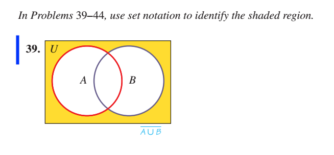 In Problems 39–-44, use set notation to identify the shaded region.
39. U
A
В
AUB
