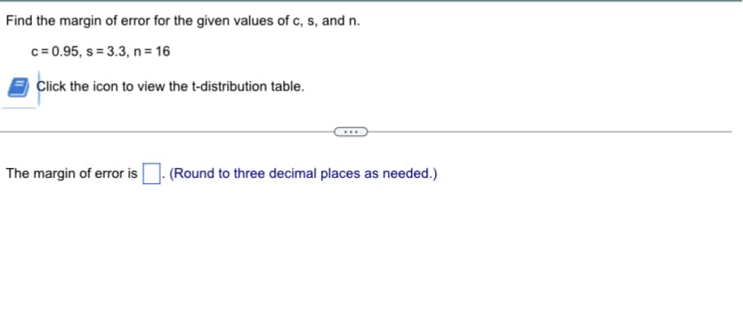 Find the margin of error for the given values of c, s, and n.
c=0.95, s= 3.3, n = 16
Click the icon to view the t-distribution table.
The margin of error is
(Round to three decimal places as needed.)
