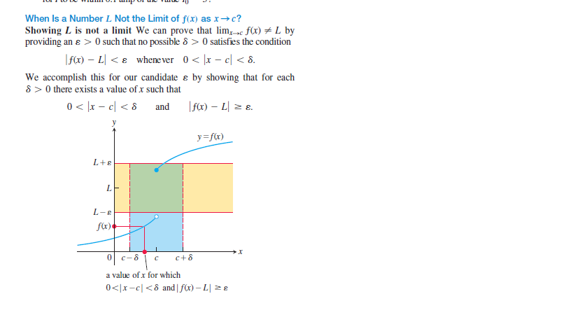 When Is a Number L Not the Limit of f(x) as x→c?
Showing L is not a limit We can prove that lim,c f(x) # L by
providing an e > 0 such that no possible 8 > 0 satisfies the condition
|fx) – L] < e whene ver 0< |x – c| < 8.
We accomplish this for our candidate ɛ by showing that for each
8 > 0 there exists a value of x such that
0< [x – c| < 8
and
Ifa)-니 = 8.
y=fx)
L+e
L-E
fx)
0 c-8
c+8
a value of x for which
0<|x-c| <& and | fx)-니 8
