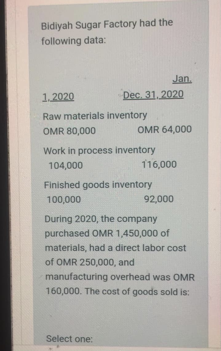 Bidiyah Sugar Factory had the
following data:
Jan.
1,2020
Dec. 31, 2020
Raw materials inventory
OMR 80,000
OMR 64,000
Work in process inventory
116,000
104,000
Finished goods inventory
100,000
92,000
During 2020, the company
purchased OMR 1,450,000 of
materials, had a direct labor cost
of OMR 250,000, and
manufacturing overhead was OMR
160,000. The cost of goods sold is:
Select one:
