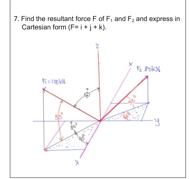 7. Find the resultant force F of F, and F2 and express in
Cartesian form (F= i + j+ k).
F2 80KN
