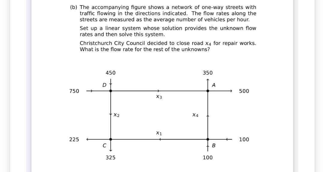 (b) The accompanying figure shows a network of one-way streets with
traffic flowing in the directions indicated. The flow rates along the
streets are measured as the average number of vehicles per hour.
Set up a linear system whose solution provides the unknown flow
rates and then solve this system.
Christchurch City Council decided to close road x4 for repair works.
What is the flow rate for the rest of the unknowns?
450
350
D
A
750
500
X3
X4
X1
225
100
B
325
100
