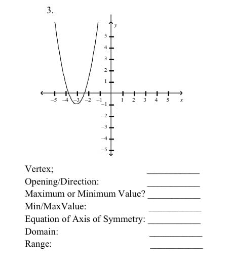 3.
3
2
+
-5 -4
-3/ -2
-1
1
2
3
4
-2+
-3+
-4
Vertex;
Opening/Direction:
Maximum or Minimum Value?
Min/MaxValue:
Equation of Axis of Symmetry:
Domain:
Range:
