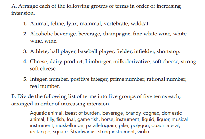 A. Arrange each of the following groups of terms in order of increasing
intension.
1. Animal, feline, lynx, mammal, vertebrate, wildcat.
2. Alcoholic beverage, beverage, champagne, fine white wine, white
wine, wine.
3. Athlete, ball player, baseball player, fielder, infielder, shortstop.
4. Cheese, dairy product, Limburger, milk derivative, soft cheese, strong
soft cheese.
5. Integer, number, positive integer, prime number, rational number,
real number.
B. Divide the following list of terms into five groups of five terms each,
arranged in order of increasing intension.
Aquatic animal, beast of burden, beverage, brandy, cognac, domestic
animal, filly, fish, foal, game fish, horse, instrument, liquid, liquor, musical
instrument, muskellunge, parallelogram, pike, polygon, quadrilateral,
rectangle, square, Stradivarius, string instrument, violin.
