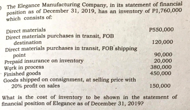 2 The Elegance Manufacturing Company, in its statement of financial
position as of December 31, 2019, has an inventory of P1,760,000
which consists of:
Direct materials
Direct materials purchases in transit, FOB
destination
Direct materials purchases in transit, FOB shipping
point
Prepaid insurance on inventory
Work in process
Finished goods
Goods shipped on consignment, at selling price with
20% profit on sales
P550,000
120,000
90,000
20,000
380,000
450,000
150,000
What is the cost of inventory to be shown in the statement of
financial position of Elegance as of December 31, 2019?
