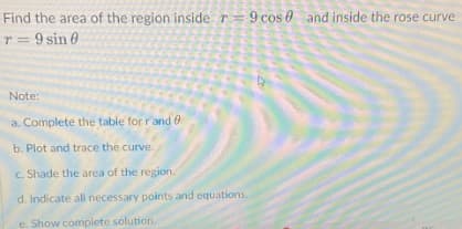 Find the area of the region inside r= 9 cos 0
r = 9 sin 0
and inside the rose curve
Note:
a. Complete the table for rand 0
b. Plot and trace the curve.
c. Shade the area of the region.
d. Indicate all necessary points and equations.
e. Show complete solution.
