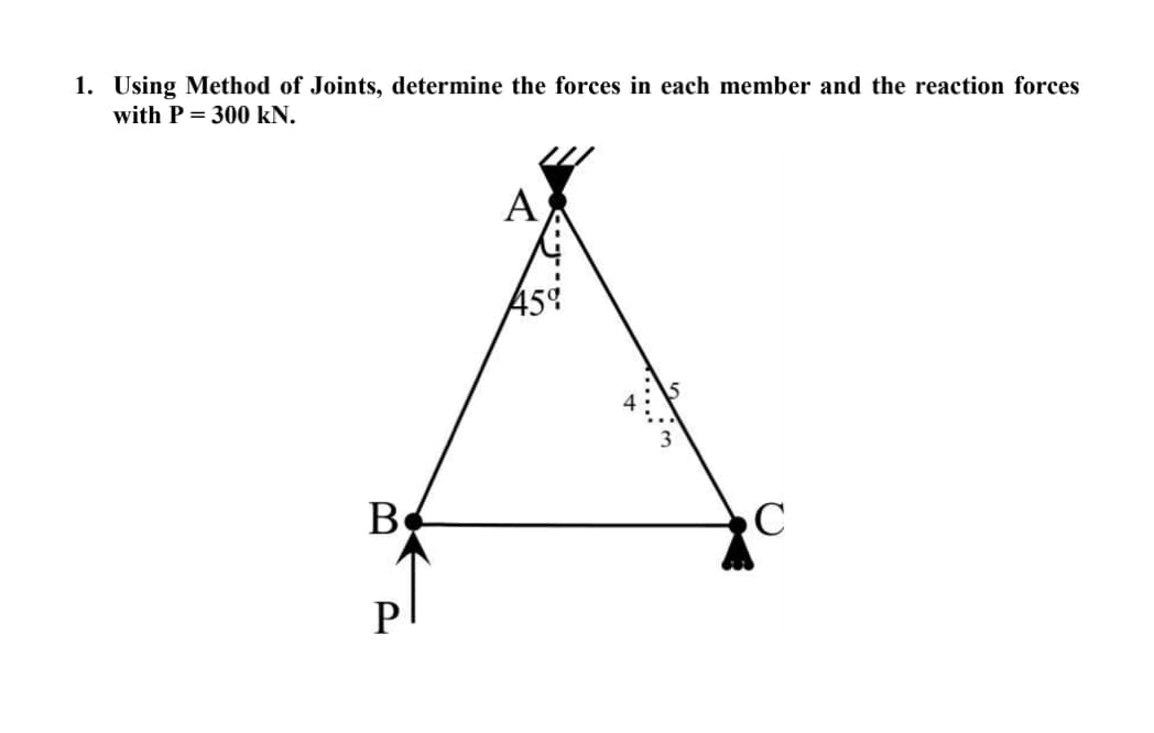 1. Using Method of Joints, determine the forces in each member and the reaction forces
with P = 300 kN.
А
A5°
B
