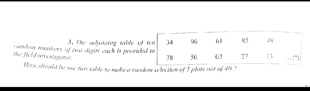 3. The adjoining table of ten
34
96
61
85
49
undom mumibers of two digits each is provided to
rhe field investigator.
78
50
02
27
13
...(* }
How should he use this table to make a rardom selection of 5 plots out of 40 ?
