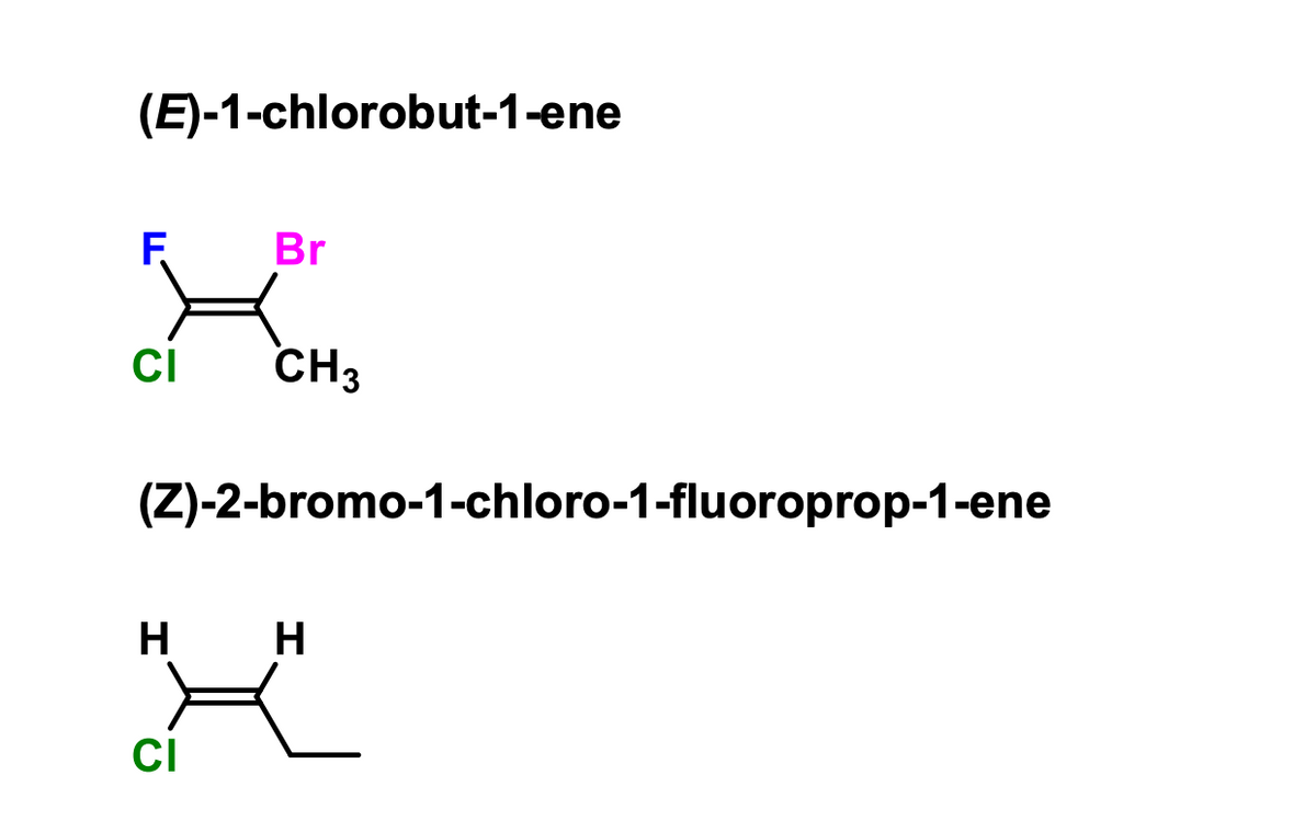 (E)-1-chlorobut-1-ene
F
CI CH₂
Br
(Z)-2-bromo-1-chloro-1-fluoroprop-1-ene
H
CI
H