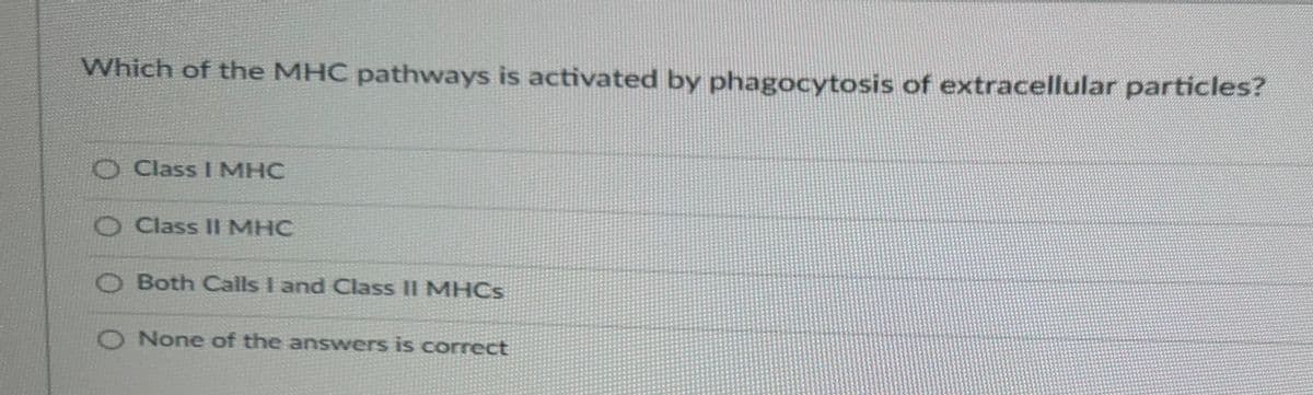 Which of the MHC pathways is activated by phagocytosis of extracellular particles?
Class I MHC
O Class II MHC
O Both Calls I and Class II MHCs
O None of the answers is correct