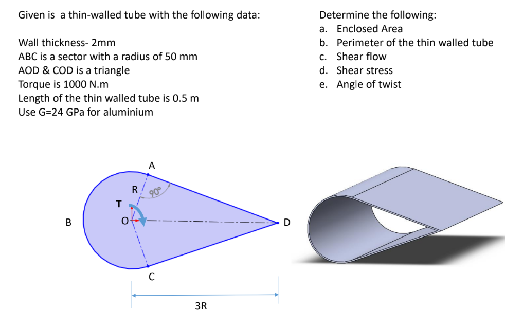 Given is a thin-walled tube with the following data:
Determine the following:
a. Enclosed Area
Wall thickness- 2mm
b. Perimeter of the thin walled tube
ABC is a sector with a radius of 50 mm
c. Shear flow
d. Shear stress
AOD & COD is a triangle
Torque is 100 N.m
Length of the thin walled tube is 0.5 m
e. Angle of twist
Use G=24 GPa for aluminium
A
R
90°
B
C
3R
