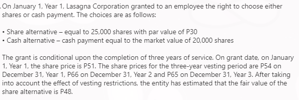 On January 1, Year 1, Lasagna Corporation granted to an employee the right to choose either
shares or cash payment. The choices are as follows:
• Share alternative - equal to 25,000 shares with par value of P30
• Cash alternative - cash payment equal to the market value of 20,000 shares
The grant is conditional upon the completion of three years of service. On grant date, on January
1, Year 1, the share price is P51. The share prices for the three-year vesting period are P54 on
December 31, Year 1, P66 on December 31, Year 2 and P65 on December 31, Year 3. After taking
into account the effect of vesting restrictions, the entity has estimated that the fair value of the
share alternative is P48.

