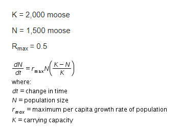 K = 2,000 moose
N = 1,500 moose
Rmax = 0.5
dN
K-N
dt
max
пах
K
where:
dt = change in time
N= population size
reox = maximum per capita growth rate of population
K= carrying capacity
max
