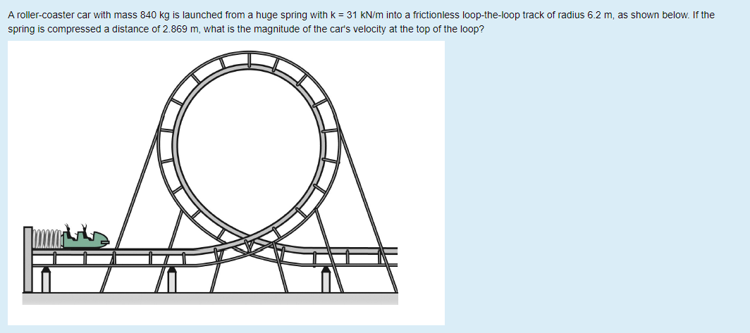 A roller-coaster car with mass 840 kg is launched from a huge spring with k = 31 kN/m into a frictionless loop-the-loop track of radius 6.2 m, as shown below. If the
spring is compressed a distance of 2.869 m, what is the magnitude of the car's velocity at the top of the loop?
