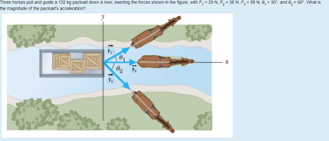 Three horses pull and guide a 132 kg payload down a river, exerting the forces shown in the figure, with F, = 29 N, F, = 38 N, F = 58 N, e, = 30°, and 0, = 60°. What is
the magnitude of the payload's acceleration?
F1
F2
