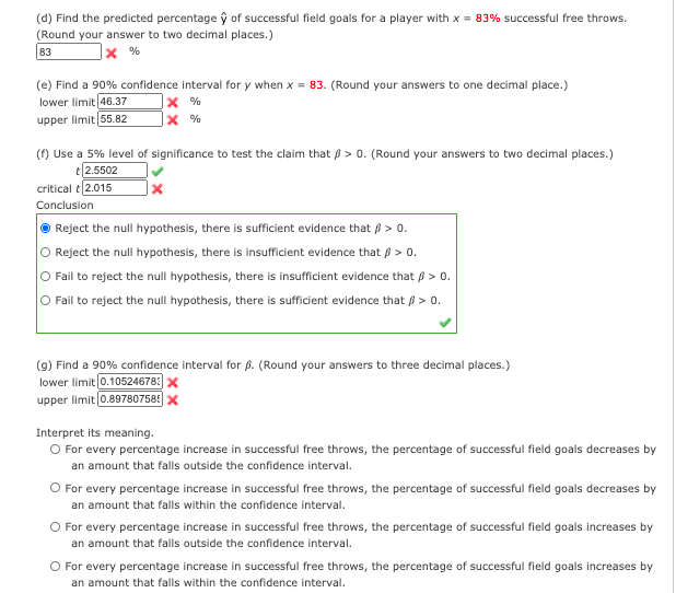 (d) Find the predicted percentage ŷ of successful field goals for a player with x = 83% successful free throws.
(Round your answer to two decimal places.)
83
(e) Find a 90% confidence interval for y when x = 83. (Round your answers to one decimal place.)
lower limit 46.37
upper limit 55.82
|x %
() Use a 5% level of significance to test the claim that ß > 0. (Round your answers to two decimal places.)
2.5502
critical e2.015
Conclusion
O Reject the null hypothesis, there is sufficient evidence that p > 0.
O Reject the null hypothesis, there is insufficient evidence that ß > 0.
O Fail to reject the null hypothesis, there is insufficient evidence that ß > 0.
O Fail to reject the null hypothesis, there is sufficient evidence that p > 0.
(g) Find a 90% confidence interval for p. (Round your answers to three decimal places.)
lower limit 0.10524678:x
upper limit 0.89780758! x
Interpret its meaning.
O For every percentage increase in successful free throws, the percentage of successful field goals decreases by
an amount that falls outside the confidence interval.
O For every percentage increase in successful free throws, the percentage of successful field goals decreases by
an amount that falls within the confidence interval.
O For every percentage increase in successful free throws, the percentage of successful field goals increases by
an amount that falls outside the confidence interval.
O For every percentage increase in successful free throws, the percentage of successful field goals increases by
an amount that falls within the confidence interval.
