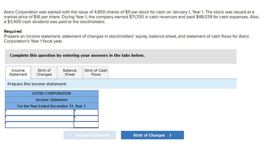 Astro Corporation was started with the issue of 4,800 shares of $9 par stock for cash on January 1, Year 1. The stock was issued at a
market price of $16 per share. During Year 1, the company earned $71,700 in cash revenues and paid $48,039 for cash expenses. Also,
a $3,400 cash dividend was paid to the stockholders.
Required
Prepare an income statement, statement of changes in stockholders' equity, balance sheet, and statement of cash flows for Astro
Corporation's Year 1 fiscal year.
Complete this question by entering your answers in the tabs below.
Income
Stmt of
Statement Changes
Balance
Sheet
Stmt of Cash
Flows
Prepare the income statement.
ASTRO CORPORATION
Income Statement
For the Year Ended December 31, Year 1
< Income Statement
Stmt of Changes >