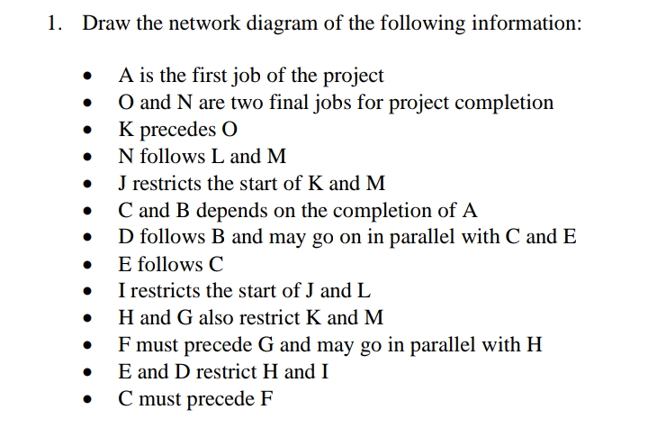 1. Draw the network diagram of the following information:
A is the first job of the project
O and N are two final jobs for project completion
K precedes O
N follows L and M
J restricts the start of K and M
C and B depends on the completion of A
D follows B and may go on in parallel with C and E
• E follows C
I restricts the start of J and L
H and G also restrict K and M
F must precede G and may go in parallel with H
E and D restrict H and I
C must precede F
