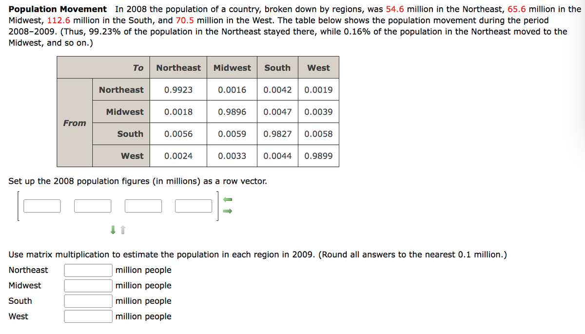 Population Movement In 2008 the population of a country, broken down by regions, was 54.6 million in the Northeast, 65.6 million in the
Midwest, 112.6 million in the South, and 70.5 million in the West. The table below shows the population movement during the period
2008-2009. (Thus, 99.23% of the population in the Northeast stayed there, while 0.16% of the population in the Northeast moved to the
Midwest, and so on.)
From
To
Northeast
Midwest
South
West
Northeast
Midwest
South
West
Northeast Midwest South
0.9923
0.0018
0.0056
0.0024
0.0016 0.0042 0.0019
West
0.9896 0.0047 0.0039
0.0059 0.9827 0.0058
0.0033
Set up the 2008 population figures (in millions) as a row vector.
0.0044 0.9899
Use matrix multiplication to estimate the population in each region in 2009. (Round all answers to the nearest 0.1 million.)
million people
million people
million people
million people