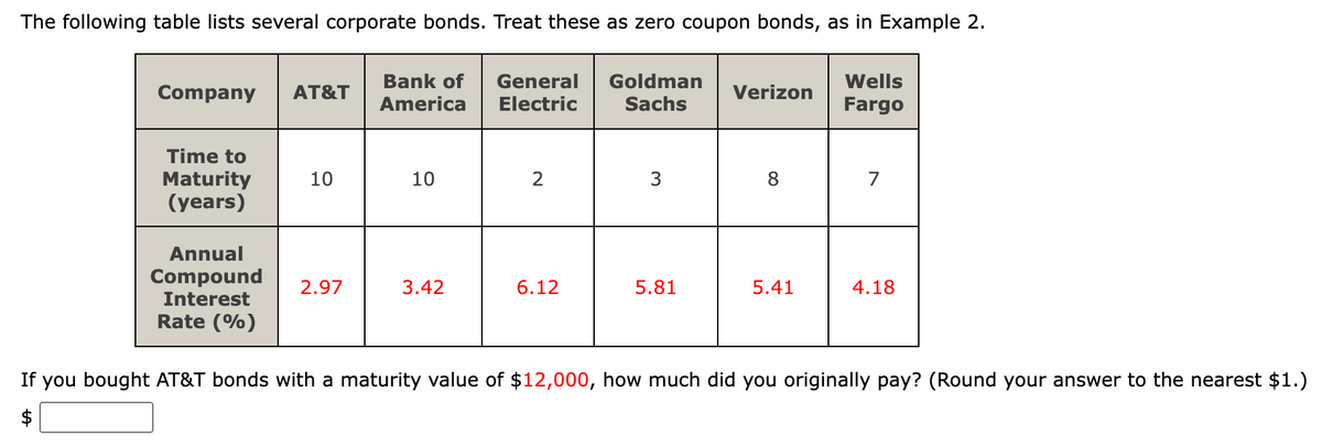 The following table lists several corporate bonds. Treat these as zero coupon bonds, as in Example 2.
Company AT&T
LA
Time to
Maturity
(years)
10
Annual
Compound 2.97
Interest
Rate (%)
Bank of General Goldman
America Electric
Sachs
10
3.42
2
6.12
3
5.81
Verizon
8
5.41
Wells
Fargo
7
4.18
If you bought AT&T bonds with a maturity value of $12,000, how much did you originally pay? (Round your answer to the nearest $1.)