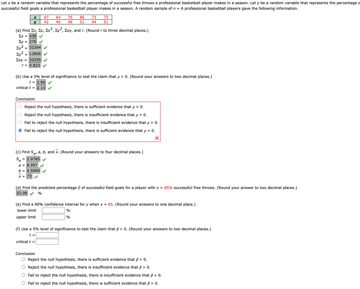 Let x be a random variable that represents the percentage of successful free throws a professional basketball player makes in a season. Let y be a random variable that represents the percentage o
successful field goals a professional basketball player makes in a season. A random sample of n = 6 professional basketball players gave the following information.
X
67
64
75
86
73
73
42
40
48
51
44
51
( a) Find Σx, Σγ, Σχ,, Σγ, Σχy, and r. (Round r to three decimal places.)
Σχ
= 438
Ey = 276
Ex?
32264
Ey?
12806
%3D
Σχy
= 20295
r = 0.823
(b) Use a 5% level of significance to test the claim thatp > 0. (Round your answers to two decimal places.)
t = 2.90
critical t = 2.13
Conclusion
Reject the null hypothesis, there is sufficient evidence that
> 0.
Reject the null hypothesis, there is insufficient evidence that p > 0.
Fail to reject the null hypothesis, there is insufficient evidence that p > 0.
Fail to reject the null hypothesis, there is sufficient evidence that p > 0.
(c) Find Se, a, b, and x. (Round your answers to four decimal places.)
Se
2.9785
a = 8.997
b = 0.5069
X = |73
(d) Find the predicted percentage ŷ of successful field goals for a player with x = 85% successful free throws. (Round your answer to two decimal places.)
52.08
%
(e) Find a 90% confidence interval for y when x = 85. (Round your answers to one decimal place.)
lower limit
upper limit
(f) Use a 5% level of significance to test the claim that ß > 0. (Round your answers to two decimal places.)
t =
critical t =
Conclusion
Reject the null hypothesis, there is sufficient evidence that ß > 0.
Reject the null hypothesis, there is insufficient evidence that ß > 0.
Fail to reject the null hypothesis, there is insufficient evidence that B > 0.
Fail to reject the null hypothesis, there is sufficient evidence that ß > 0.
O O O O
