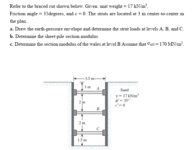 Refer to the braced cut shown below. Given: unit weight = 17 kN/m?,
Friction angle = 35degrees, and c = 0. The struts are located at 3 m center-to-center in
the plan.
a. Draw the earth-pressure envelope and determine the strut loads at levels A, B, and C.
b. Determine the sheet-pile section modulus
c. Determine the section modulus of the wales at level B Assume that Tall = 170 MN/m?.
3.5 m-
1 m
A
Sand
y = 17 kN/m
d'= 35°
c'= 0
2 m
В
2 m
C
1.5 m
