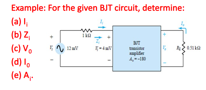 Example: For the given BJT circuit, determine:
(a) l₁
1₁
Io
(b) Z₁
w
1kQ2
BJT
(c) Vo
V: 12 mV
transistor
Vo RI 2 0.51 ΚΩ
amplifier
A=-180
(d) lo
(e) A₁.
I
+
V=4mV
I