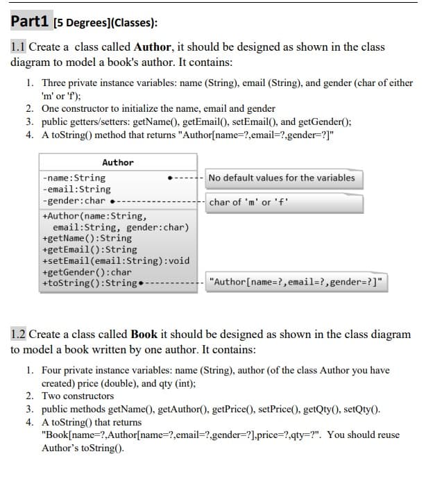 Part1 [5 Degrees](Classes):
1.1 Create a class called Author, it should be designed as shown in the class
diagram to model a book's author. It contains:
1. Three private instance variables: name (String), email (String), and gender (char of either
'm' or 'f');
2. One constructor to initialize the name, email and gender
3. public getters/setters: getName(), getEmail(), setEmail(), and getGender();
4. A toString() method that returns "Author[name=?,email=?,gender=?]"
Author
No default values for the variables
-name: String
- email: String
-gender:char
char of 'm' or 'f'
+Author (name: String,
email: String, gender: char)
+getName(): String
+getEmail(): String
+setEmail(email:String):void
+getGender(): char
+toString(): String.
"Author [name=?, email=?, gender=?]"
1.2 Create a class called Book it should be designed as shown in the class diagram
to model a book written by one author. It contains:
1. Four private instance variables: name (String), author (of the class Author you have
created) price (double), and qty (int);
2. Two constructors
3. public methods getName(), getAuthor(), getPrice(), setPrice(), getQty(), setQty().
4. A toString() that returns
You should reuse
"Book[name=?,Author[name=?,email=?,gender=?],price=?,qty=?".
Author's toString().
