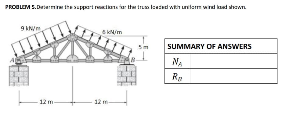 PROBLEM 5.Determine the support reactions for the truss loaded with uniform wind load shown.
9 kN/m
6 kN/m
5 m
SUMMARY OF ANSWERS
NA
RB
12 m
12 m-
