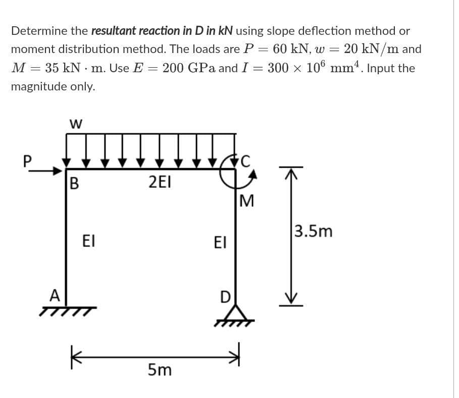 Determine the resultant reaction in D in kN using slope deflection method or
moment distribution method. The loads are P = 60 kN, w = 20 kN/m and
M = 35 kN · m. Use E = 200 GPa and I = 300 x 106 mm4. Input the
magnitude only.
W
P
2EI
M
3.5m
El
El
A
D
5m
