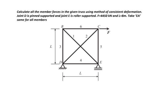 Calculate all the member forces in the given truss using method of consistent deformation.
Joint D is pinned supported and joint E is roller supported. F=4450 kN and L=8m. Take 'EA'
same for all members
区
B
F
2
3
5
4
E
L
