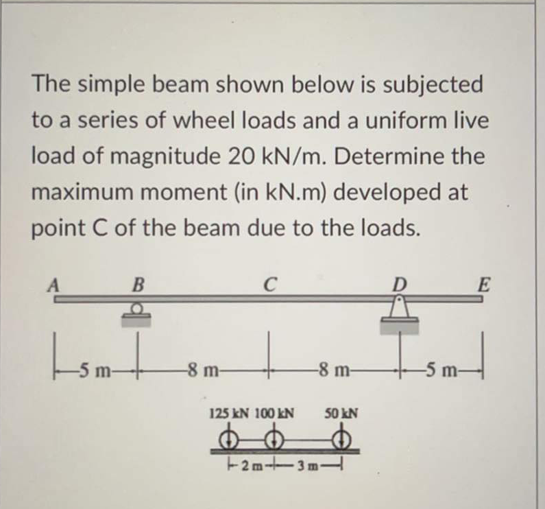 The simple beam shown below is subjected
to a series of wheel loads and a uniform live
load of magnitude 20 kN/m. Determine the
maximum moment (in kN.m) developed at
point C of the beam due to the loads.
B
E
Lsm
-8 m-
-8 m-
5 m-
125 kN 100 kN
50 kN
2m-3m-
