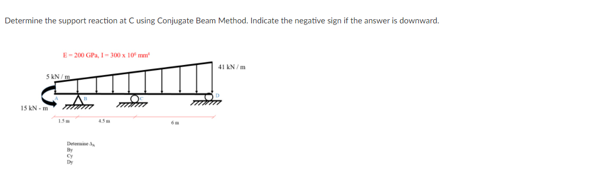 Determine the support reaction at C using Conjugate Beam Method. Indicate the negative sign if the answer is downward.
E= 200 GPa, I= 300 x 10° mm
41 kN / m
5 kN / m
15 kN - m
1.5 m
4.5 m
6 m
Determine A
By
Cy
Dy
