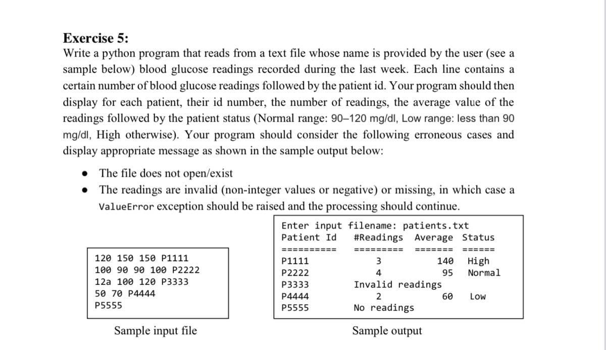 Exercise 5:
Write a python program that reads from a text file whose name is provided by the user (see a
sample below) blood glucose readings recorded during the last week. Each line contains a
certain number of blood glucose readings followed by the patient id. Your program should then
display for each patient, their id number, the number of readings, the average value of the
readings followed by the patient status (Normal range: 90–120 mg/dl, Low range: less than 90
mg/dl, High otherwise). Your program should consider the following erroneous cases and
display appropriate message as shown in the sample output below:
• The file does not open/exist
• The readings are invalid (non-integer values or negative) or missing, in which case a
ValueError exception should be raised and the processing should continue.
Enter input filename: patients.txt
Patient Id
#Readings Average Status
==========
=========
=======
======
120 150 150 P1111
P1111
3
140
High
100 90 90 100 P2222
P2222
4
95
Normal
12a 100 120 P3333
P3333
Invalid readings
50 70 P4444
P4444
2
60
Low
P5555
P5555
No readings
Sample input file
Sample output
