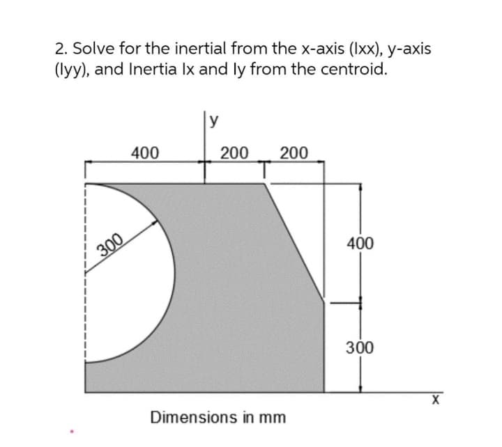 2. Solve for the inertial from the x-axis (Ixx), y-axis
(lyy), and Inertia Ix and ly from the centroid.
y
400
200
200
300
400
300
Dimensions in mm

