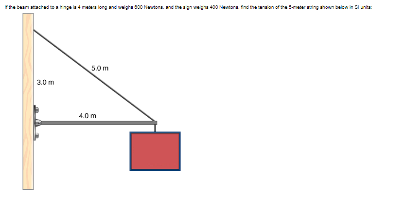 If the beam attached to a hinge is 4 meters long and weighs 600 Newtons, and the sign weighs 400 Newtons, find the tension of the 5-meter string shown below in Sl units:
5.0 m
3.0 m
4.0 m
