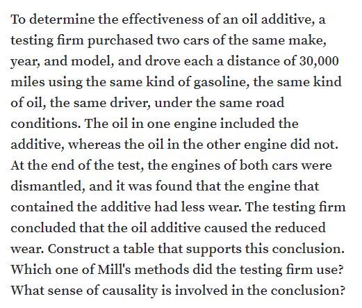 To determine the effectiveness of an oil additive, a
testing firm purchased two cars of the same make,
year, and model, and drove each a distance of 30,000
miles using the same kind of gasoline, the same kind
of oil, the same driver, under the same road
conditions. The oil in one engine included the
additive, whereas the oil in the other engine did not.
At the end of the test, the engines of both cars were
dismantled, and it was found that the engine that
contained the additive had less wear. The testing firm
concluded that the oil additive caused the reduced
wear. Construct a table that supports this conclusion.
Which one of Mill's methods did the testing firm use?
What sense of causality is involved in the conclusion?
