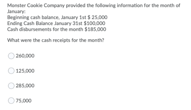Monster Cookie Company provided the following information for the month of
January:
Beginning cash balance, January 1st $ 25,000
Ending Cash Balance January 31st $100,000
Cash disbursements for the month $185,000
What were the cash receipts for the month?
260,000
125,000
285,000
75,000
