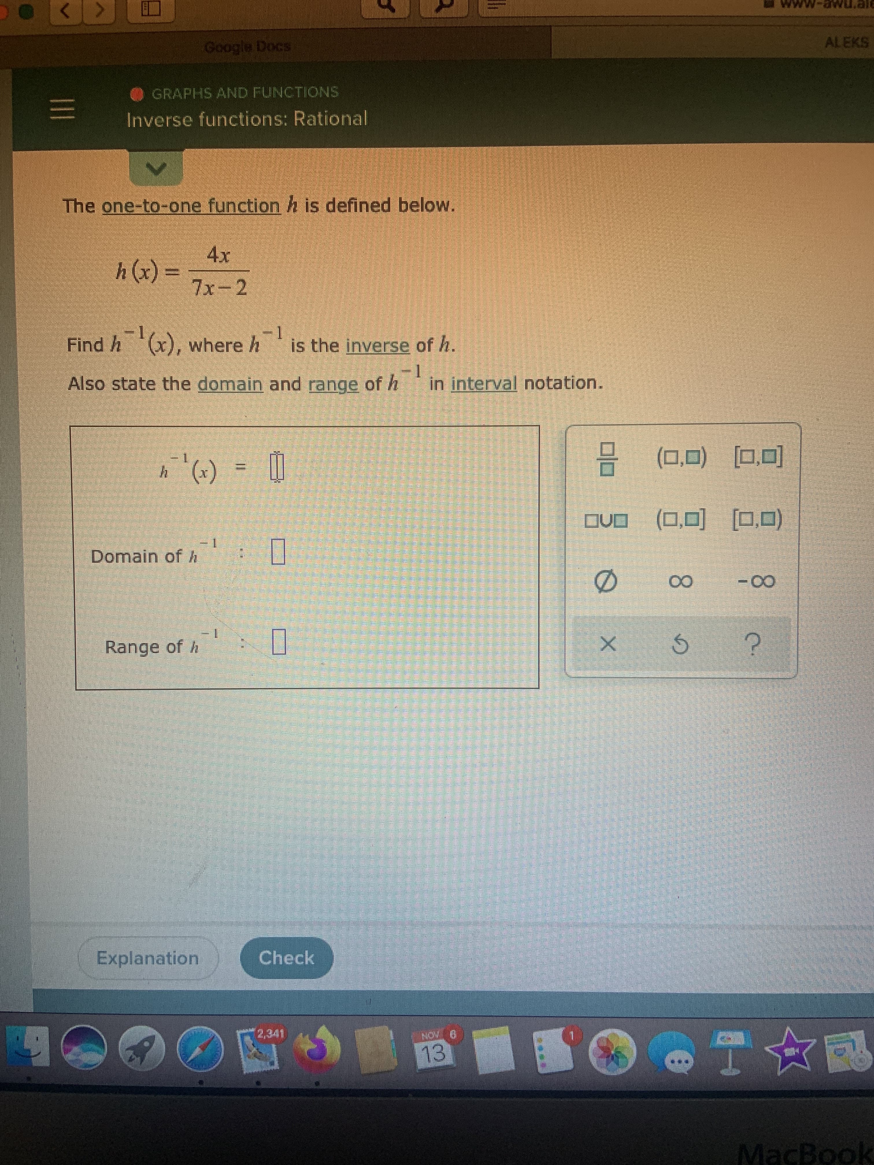 The one-to-one function h is defined below.
4x
h (x) 3=
7x-2
Find h (x), where h is the inverse of h.
-1
Also state the domain and range of h
in i
