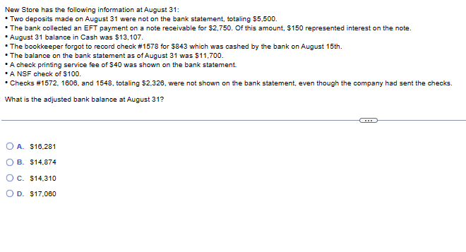 New Store has the following information at August 31:
• Two deposits made on August 31 were not on the bank statement, totaling $5,500.
• The bank collected an EFT payment on a note receivable for $2,750. Of this amount, $150 represented interest on the note.
August 31 balance in Cash was $13,107.
• The bookkeeper forgot to record check #1578 for $843 which was cashed by the bank on August 15th.
• The balance on the bank statement as of August 31 was $11,700.
A check printing service fee of $40 was shown on the bank statement.
A NSF check of $100.
• Checks #1572 , 1606, and 1548, totaling $2,326, were not shown on the bank statement, even though the company had sent the checks.
What is the adjusted bank balance at August 31?
OA. $16,281
O B. $14,874
OC. $14,310
O D. $17,080