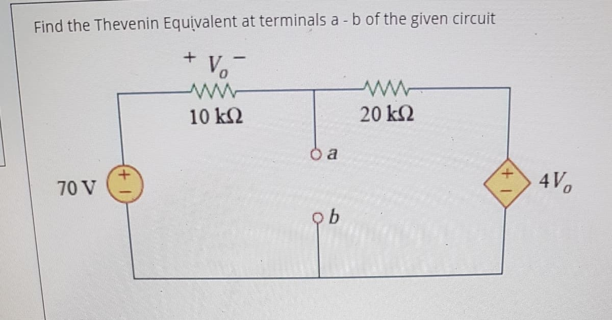 Find the Thevenin Equivalent at terminals a b of the given circuit
Vo
20 k2
10 k2
+.
4Vo
70 V
