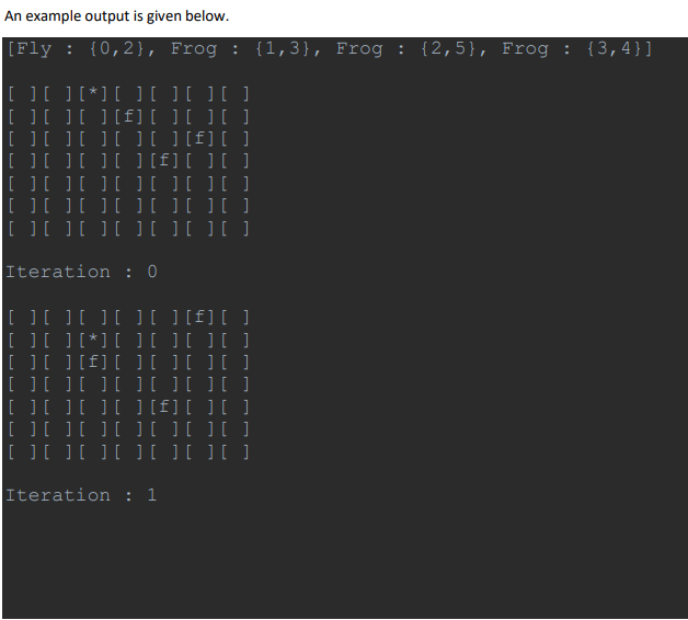 An example output is given below.
[Fly : {0,2}, Frog : {1,3}, Frog : {2,5}, Frog : {3,4}]
[ ][ ][ *] [ ][ ][ ][ ]
][ ][ ][f] [ ][ ][ ]
][ ][ ][ ][ ][f][ ]
[ ][ ][ ][ ][f][ ][ ]
][ ] ][ ][ ][ ][ ]
][ ][ ][ ][ ][ ][ ]
][ ][ ][ ][ ][ ][ ]
Iteration : 0
[ ][ ][ ][ ][ ][f][ ]
[ ][ ] [ *][ ][ ]
][ ][f][ ] [ ][ ][ ]
][ ][ ][ ][ ][ ][ ]
[ ][ ][ ][ ][f][ ][ ]
[ ][ ][ ][ ][ IU
[ ][][[ ][ ][ ][ ]
Iteration : 1
