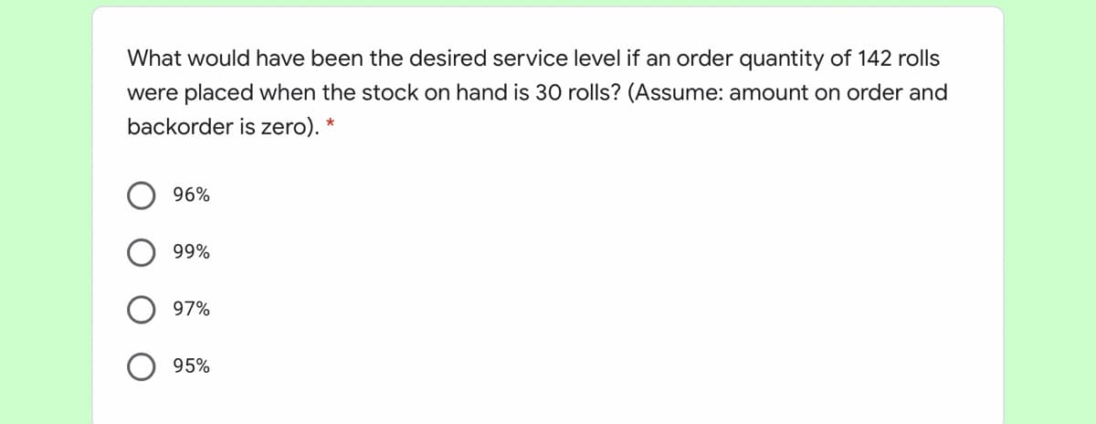 What would have been the desired service level if an order quantity of 142 rolls
were placed when the stock on hand is 30 rolls? (Assume: amount on order and
backorder is zero). *
96%
99%
97%
95%
