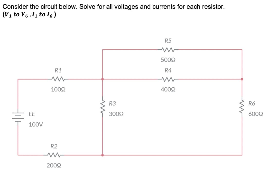 Consider the circuit below. Solve for all voltages and currents for each resistor.
(V₁ to V6,1₁ to 16)
EE
100V
R1
10092
R2
20092
www
R3
30092
R5
ww
50092
R4
ww
40092
www
R6
60092