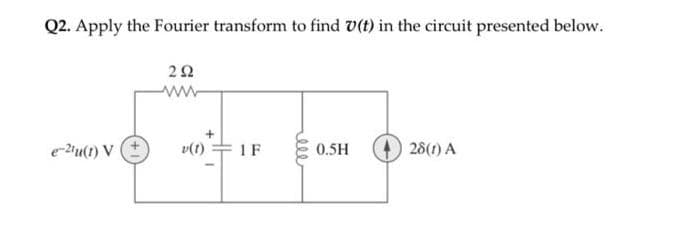 Q2. Apply the Fourier transform to find (t) in the circuit presented below.
e-2¹u(1) V
292
v(1)
I
1 F
ell
0.5H
28(1) A