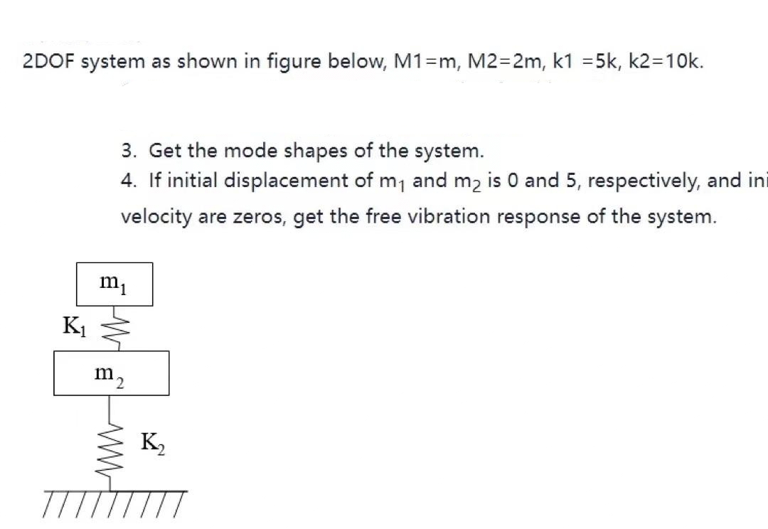 2DOF system as shown in figure below, M1=m, M2=2m, k1 =5k, k2=10k.
3. Get the mode shapes of the system.
4. If initial displacement of m1 and m2 is 0 and 5, respectively, and ini
velocity are zeros, get the free vibration response of the system.
m1
K1
m2
K,
