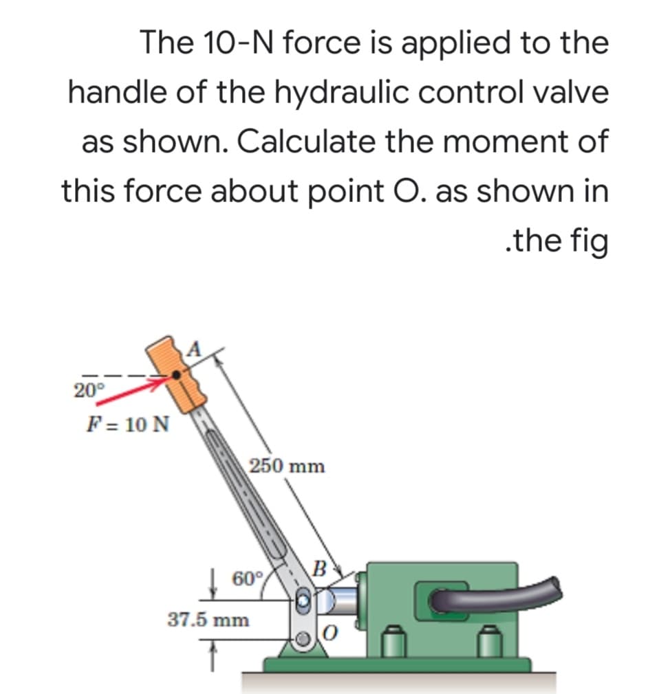 The 10-N force is applied to the
handle of the hydraulic control valve
as shown. Calculate the moment of
this force about point O. as shown in
.the fig
20°
F = 10 N
250 mm
B'
| 60°
37.5 mm
